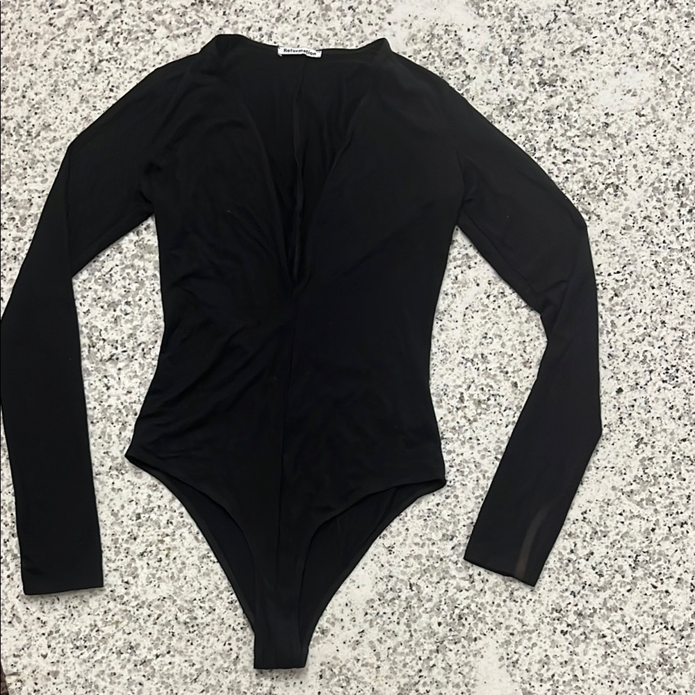Reformation Deep V Black Bodysuit